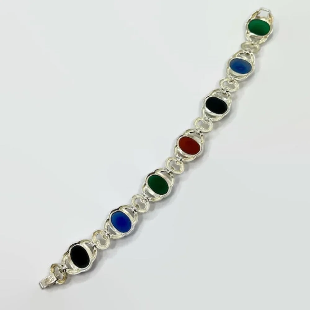Stone Bracelet, Onyx, Calcedony, Green, Black, Sterling Bracelet, Vintage,Mixed - Picture 4 of 6